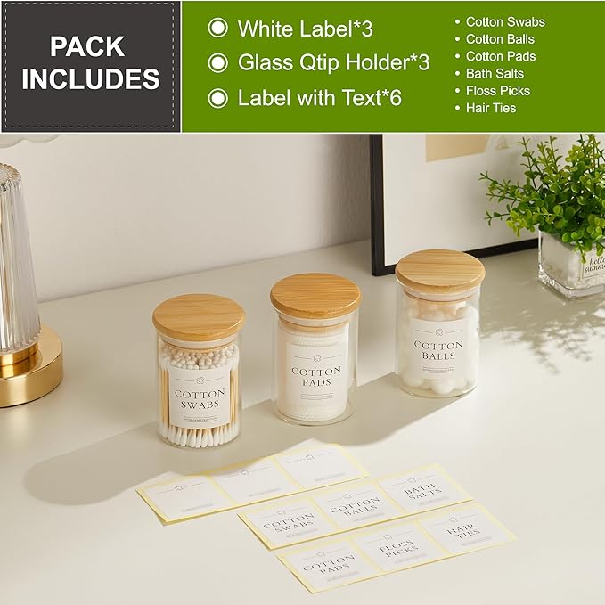 3 Pack Qtip Holder Dispenser - Glass Apothecary Jars with Lids, Cotton Ball Pad Swab Round Holder, Bamboo Bathroom Accessories, Bathroom Organizers Containers Jars Canisters with Lids-NeatNest