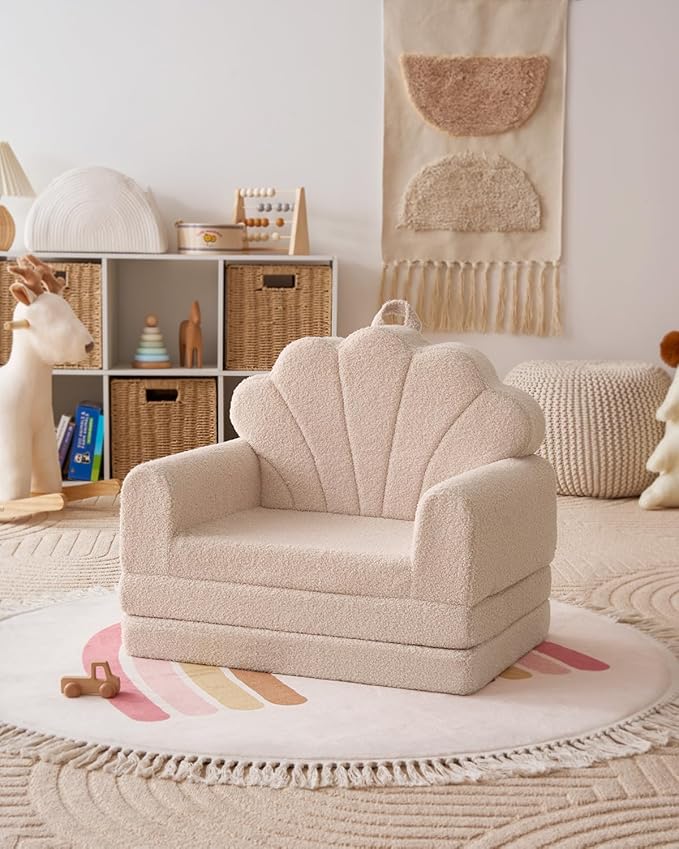 Blissful Diary Kids Couch, 2-in-1 Soft Toddler Couch Fold Out, Toddler Chair Comfy, Convertible Sofa to Lounger, Kids Furniture for Playroom, Gift for Birthday, Children's Day, Beige Shell-NeatNest