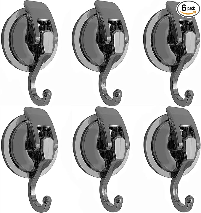 Heavy Duty Suction Cup Hooks for Shower, Bathroom Robe - Vacuum Glass Hooks, Reusable, No Hole Punched, for Garland Decoration (Silver Grey, 6 Pack)