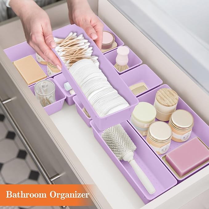 25 PCS Plastic Drawer Organizer Set, 4-Size Versatile Organizer Trays & storage Bins for Makeup, Jewelry, and Gadgets in Bathroom, Bedroom and Office, Purple-NeatNest