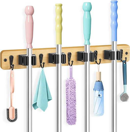 IMILLET Broom Holder Wall Mount, Bamboo Broom Hanger with 4 Racks 5 Hooks, Mop and Broom Holder Wall Mount Self Adhesive, Home Organization and Storage for Laundry Room, Closet, Utility Room (1 Pack)-NeatNest