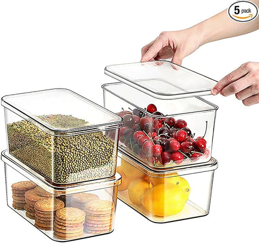 Clear Storage Bins With Lids,4 Packs Food Storage Organizer,Stackable Kitchen Cabinet,Bathroom Basket,Fridge Organization.Pantry Transparent Containers For Fruits,Drinks-NeatNest