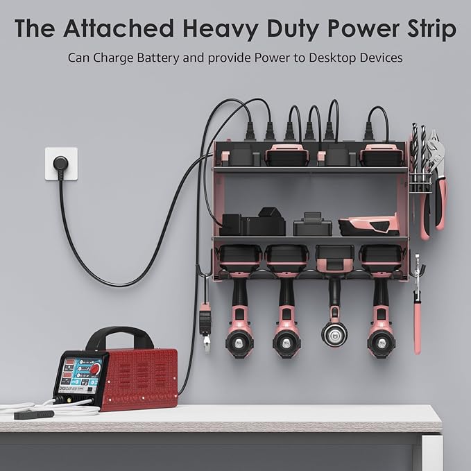CCCEI Modular Power Tool Organizer Wall Mount with Charging Station. Garage 4 Drill Storage Shelf with Hooks, Drill Bit Heavy Duty Rack, Pink Tool Battery Holder Built in 8 Outlet Power Strip.-NeatNest