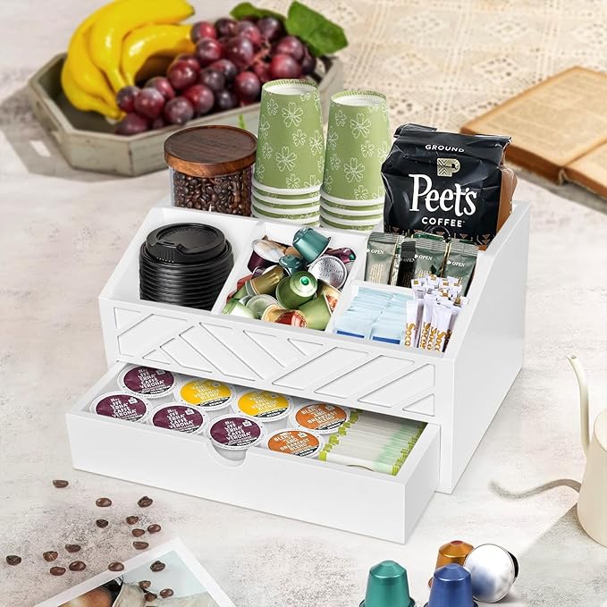 Coffee Bar Organizer with Drawer, Coffee Station Organizer for Countertop, Wood Coffee Bar Accessories Organizer for Coffee Bar Decor, Farmhouse Coffee Cup Pod Holder Condiment Organizer(White)-NeatNest