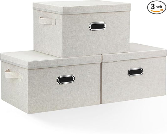 Bellzacasa Collapsible Storage Bins with Lids, 3 Pack Linen Fabric Foldable Storage Bin Cube with Handles, Toy Storage Baskets Box Closet Organizers and Storage Containers, Beige, 14.6x10.5x8.5