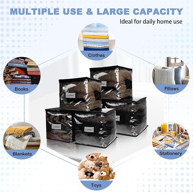 Clear Zippered Storage Bags Plastic Sweater Storage Bags with Zipper 6 Packs Clothing Organizer for Blankets Linen Sweater Bed Sheet Quilt Clothes Pillow (12 x 12 x 12 Inch, Black)-NeatNest