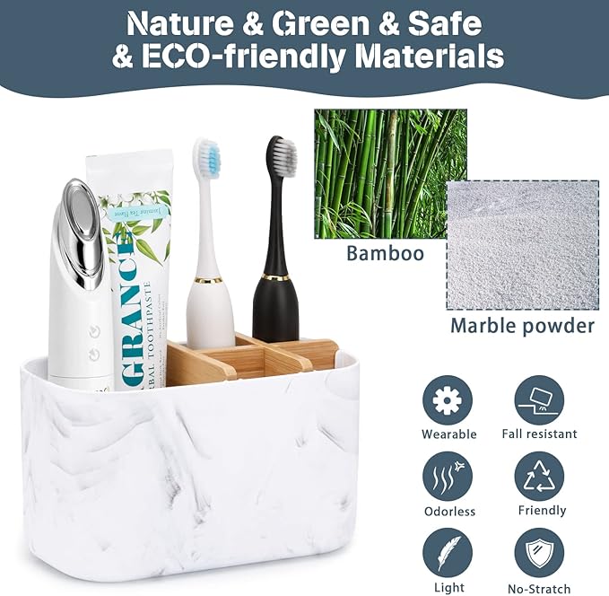 Toothbrush Holders for Bathrooms, 5 Slots Bamboo Toothbrush Holder Kids Electric Toothbrush Holder and Toothpaste Holder for Bathroom Countertop Accessories Storage, Marble Toothbrush Organizer