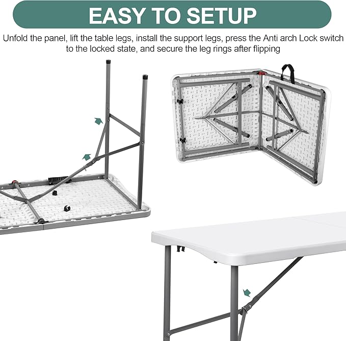 4 ft Portable Folding Table, Idustrial Heavy-Duty Foldable Table with Carrying Handle, Locks, Stright Legs for Indoor & Outdoor Party, Barbeque, Camping, Board Games - White-NeatNest