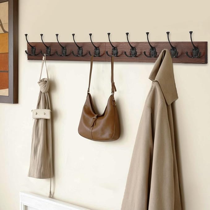 IBosins 34'' Coat Rack Wall Mount with 10 Decorative Tri-Hooks, Heavy Duty Wood Coat Hanger, Rustic Coat Hooks Rail for Entryway Living Room Coat Scarf Bag Towel Hat-NeatNest
