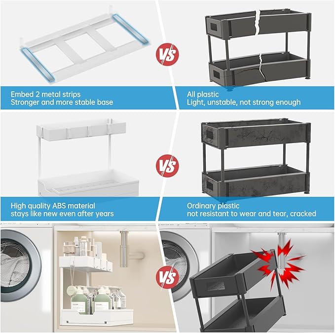 2-Tier Under Sink Organizers and Storage 2 Pack Sliding L-shape Under Cabinet Organizers For Narrow Space Multi-purpose Sink Organizer for Bathroom Kitchen Drawer(White 2 Pack)-NeatNest
