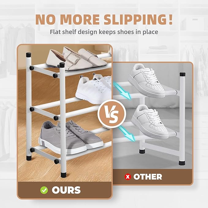 STORAGE MANIAC Expandable Shoe Rack, 12 Pairs Stackable Small Shoe Rack, Metal Adjustable Shoes Organizer for Closet, Entryway, Hallway, Garage, Front Door, Shoes Shelves, White 3 Tier-NeatNest
