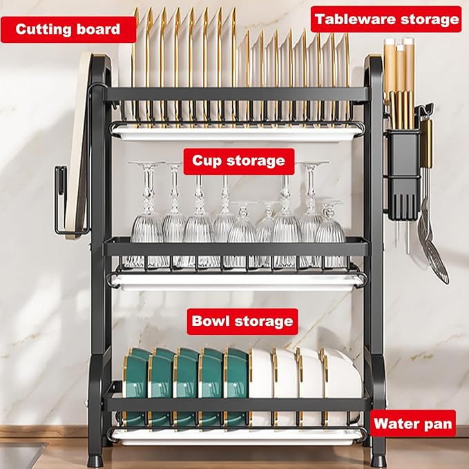 Dish Drying Rack,Dish Racks Drainer,Over The Sink Dish Drainer Drying Rack 3 Tier with Drain Tray,Chopsticks Rack,Knife Holder