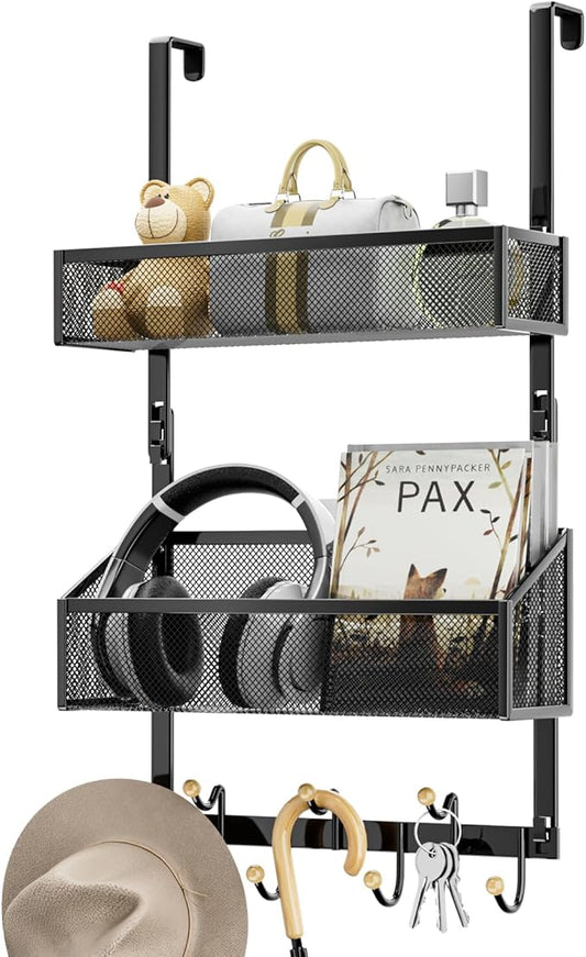 Over The Door Hooks Organizer: Hanging Back of Door Storage Organizer - Waterproof Heavy Duty Door Hanger Towel Rack with 7 Coat Hooks and 2 Mesh Baskets for Bathroom Bedroom and Kitchen (Black)