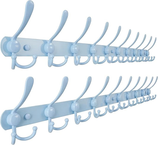 Dseap Coat Rack Wall Mount - 38” Long 10-Tri-Hooks Heavy Duty Coat Hanger Rail Wall Hooks for Hanging Coats Hats Clothing Clothes Purse Mudroom Entryway, Blue, Pack of 2-NeatNest