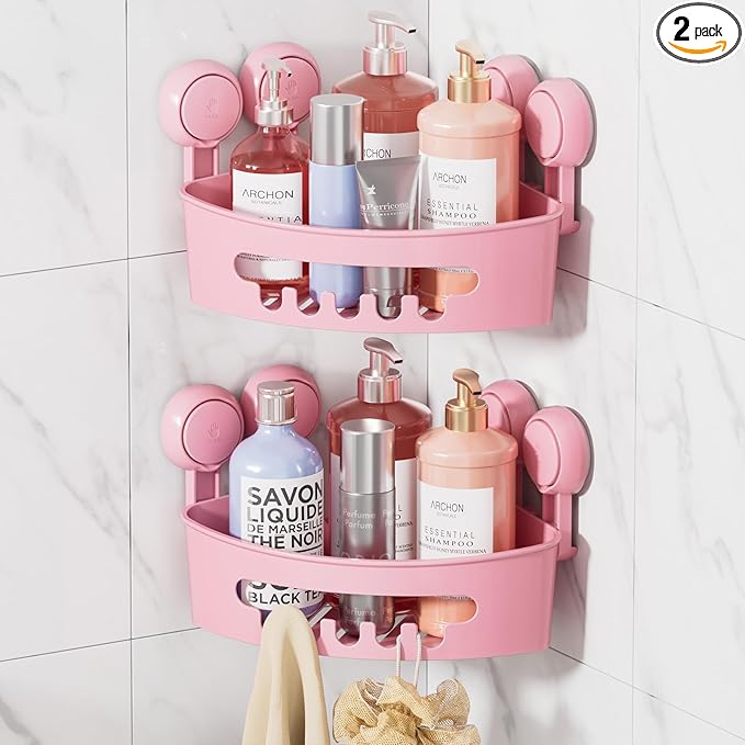 LEVERLOC Corner Shower Caddy Suction Cup, shower shelves suction cup, 2 Pack Basket Powerful Bathroom, Waterproof & Oil-proof Organizer for Kitchen, No-Drilling Removable (Pink)