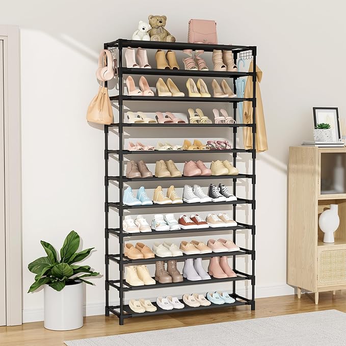 11 Tiers Tall Wide Shoe Rack 55 Pairs Large Capacity Sturdy Durable Shoe Rack for Closet Metal Shoe Organizer Shelf with Two Hooks Space Saving for Entryway Black-NeatNest