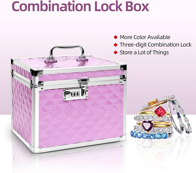 Medication Combination Lock Boxes with Code for Personal Items, Medicine Lockbox for Documents 10 x 7.25 x 7.75 Inches Plaid Pink