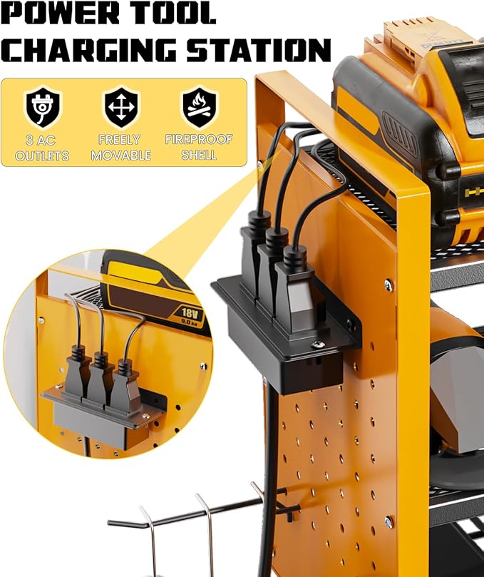 Heavy-Duty 48" Wall Mount Power Tool Organizer with Charging Station – 3-Tier Garage Organization Rack for Drills, Wrenches & Tools – Includes 16 Hooks & Pegboard Sides