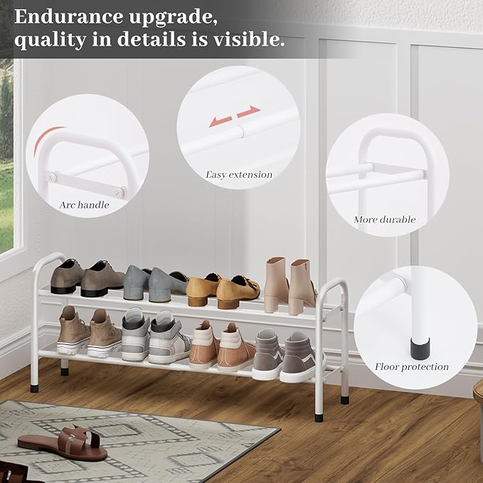 Expandable Shoe Rack, Adjustable Shoes Organizer Metal, Space-Saving Storage Shelf for Closet, Entryway, Front Door & Hallway,Sturdy and Easy Assembly (White, 2-Tier)