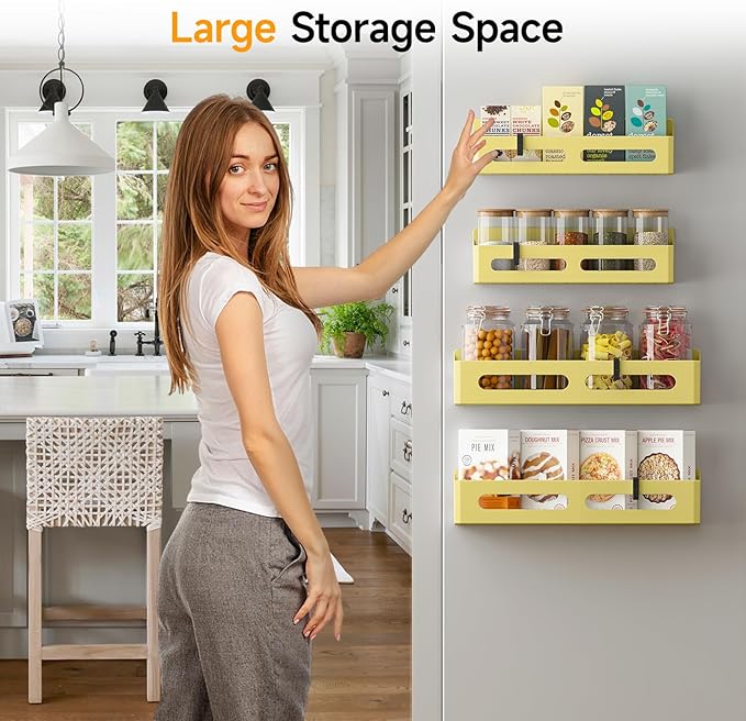 4 Pack Magnetic Spice Rack for Refrigerator, Spice Rack Organizer, Moveable Magnetic Shelf Fridge Organizer with 4 Hooks for Kitchen and Oven Organization, Yellow