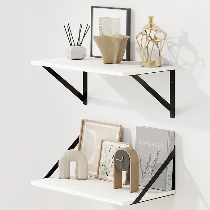 Fun Memories Deep Floating Shelves for Wall, 16W x 8D Wall Mounted Shelves Set of 2, Wide Display Ledge Shelf with Sturdy Metal Brackets for Living Room, Bathroom, Bedroom and Kitchen, White-NeatNest