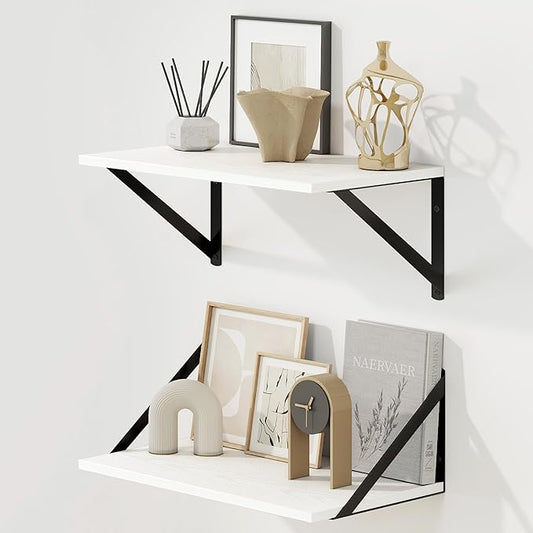 Fun Memories Deep Floating Shelves for Wall, 16W x 8D Wall Mounted Shelves Set of 2, Wide Display Ledge Shelf with Sturdy Metal Brackets for Living Room, Bathroom, Bedroom and Kitchen, White-NeatNest