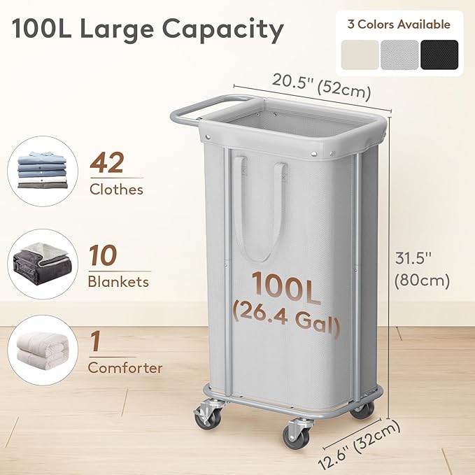 Lifewit 100L Large Laundry Basket with Wheels, Tall 1 Section Laundry Hamper Organizer, Rolling Laundry Cart with Steel Frame & Removable Bag for Luandry Room Bathroom Bedroom, Silver Gray