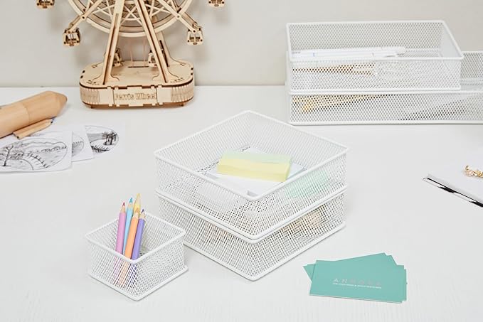 Annova Mesh Stackable Drawer Cabinet and Shelf Organizer Bins Storage Basket School Office Supply Holder Tray- Set of 2 (White, 6x15x2 Inch)-NeatNest