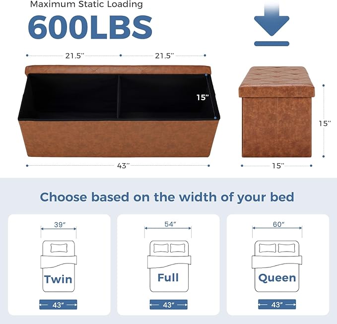 DUMOS Foldable Storage Ottoman Bench 43in, Foot Rest Stool, Synthetic Leather Storage Chest with Thicker Foam Padded Seat for Entryway Living Room, Modern Brown