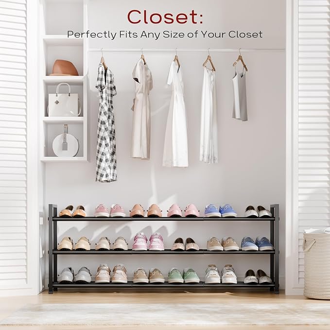 Bumusty 3-Tier Long Expandable Shoe Rack for Closet, 18"-44" Adjustable Shoe Rack for Entryway, 15-18 Pairs Large Shoe Organizer Shelf Storage, Sturdy Metal, Black-NeatNest