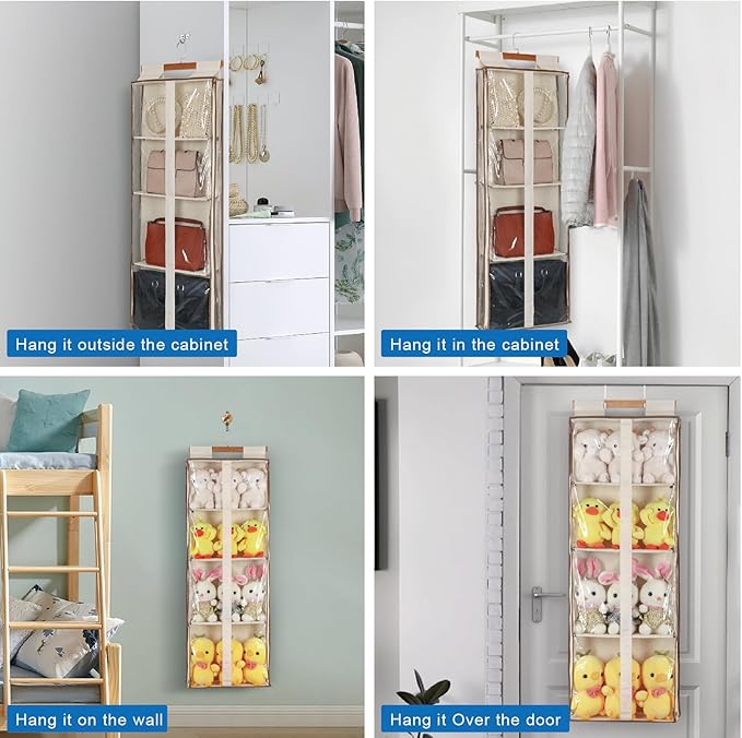 Clear Hanging Handbag Storage Organizer with Zippers, Easy Access Purse,Toy,Yarn,Hat Storage Over The Door Purse Organizer Space Saving 4 Pockets for Closet Bedroom Living Room (Beige)-NeatNest