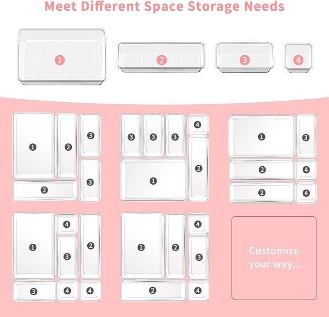 15 PCS Clear Plastic Drawer Organizer Set, 4 Sizes Versatile Bathroom Drawer Organization and Storage Trays, Non-Slip Desk Vanity Storage Bins for Makeup Jewelry Kitchen Utensil Gadget Office-NeatNest