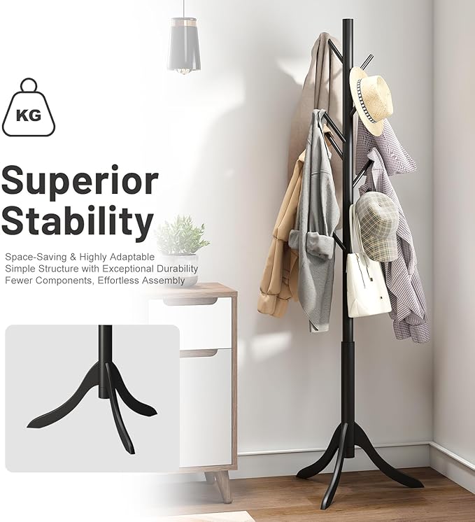 Black Coat Rack Stand, Bamboo Wood Freestanding Coat Tree with 8 Hooks, Hallway Entryway Hat Hanger Organizer Standing for Bedroom, Office, Clothes, Jackets, Bags, Umbrallas-NeatNest