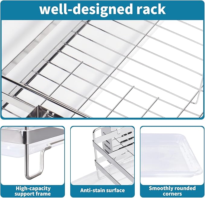 Stainless Steel Dish Racks for Kitchen Counter - Large Dish Drying Rack with Pull Drain Tray, Over The Sink Dish Drainer Drying Rack for Small Spaces, Durable for Countertop Sink
