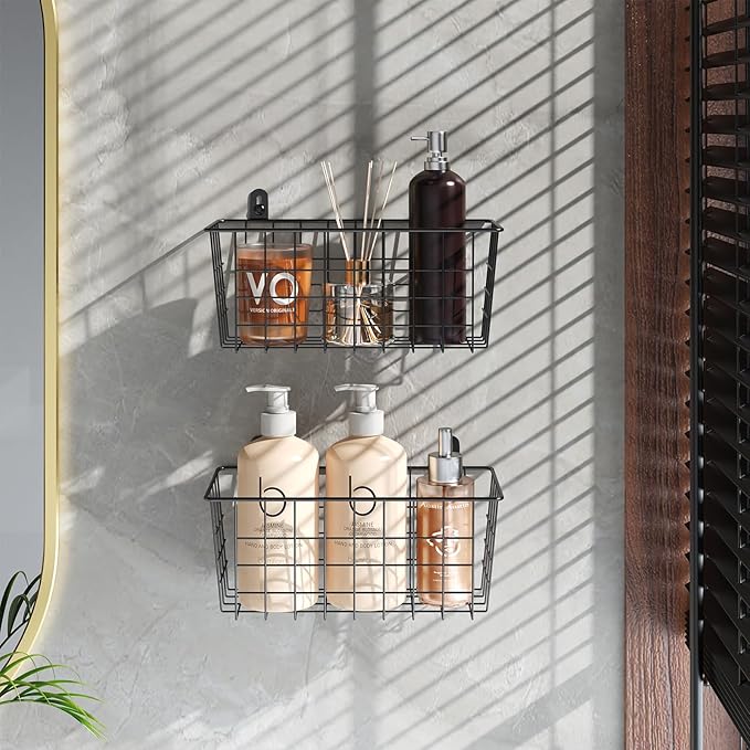 MaraFansie Hanging Kitchen Baskets Wire Storage Basket Adhesive and Screws Basket Over the Cabinet Door Organizer with Adhesive Strips and Screws Accessories, 2 Installations, 2 Pack-NeatNest