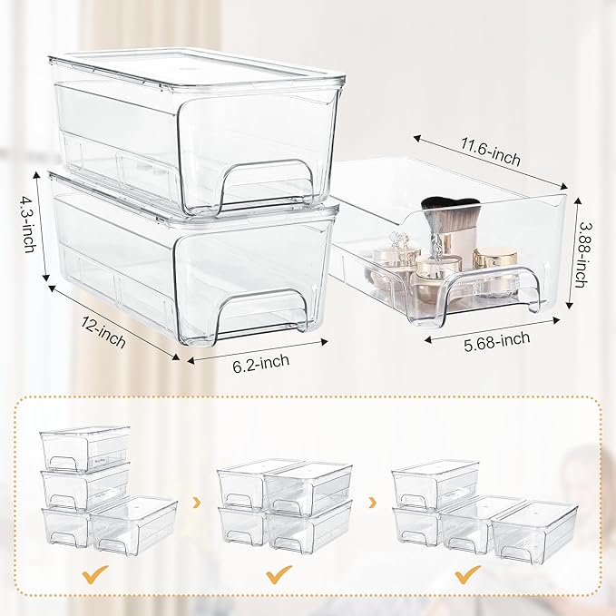 Acrylic Stackable Storage Drawers, 4Pack Clear Vanity Tool Makeup Organizer, 12"D*6.2"W*4.3"H Plastic Drawer Bathroom Storage and Organization, Desk Medicine Cabinet Bins Baby Bottle Organizer