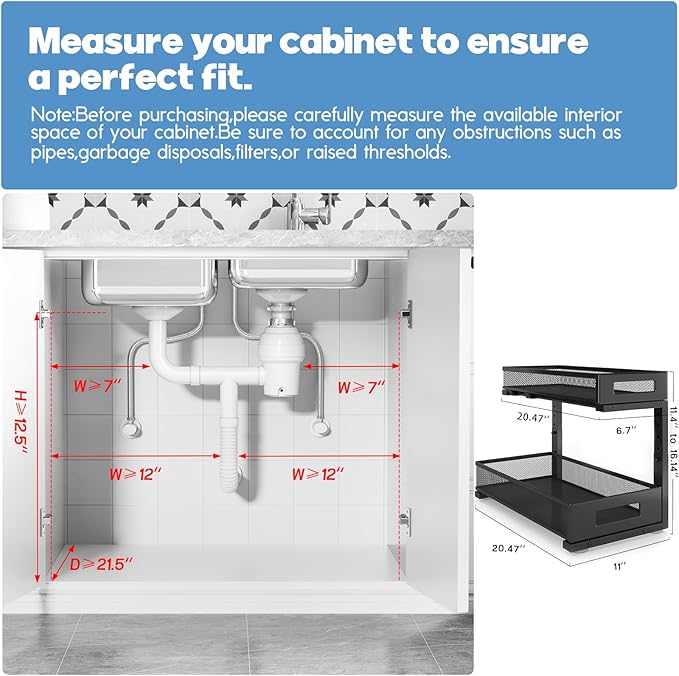 2 Pack 20.47IN Depth Under Sink Storage Organizer, Large 2-Tier Elegant Mesh Pull Out Shelf for Kitchen and Bathroom Cabinet Organization, L-Shaped and Adjustable Height Design-Black-NeatNest