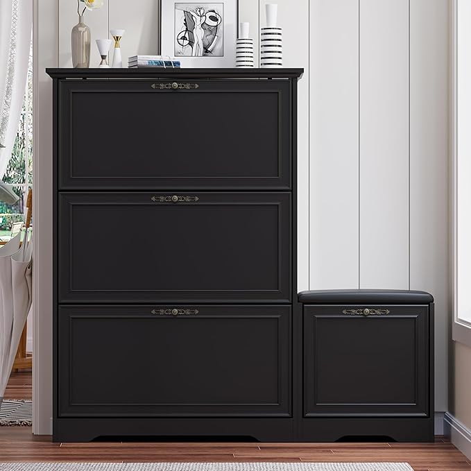 Entryway Shoe Cabinet with Bench, Hidden Storage and Adjustable Shelves, Wooden Shoe Rack and Organizer for Hallway, Mudroom, Closet, Small Apartment