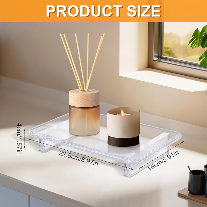 2 Pack Acrylic soap Dish Tray for Bathroom Counter and Kitchen - Waterproof Countertop Organizer for Soap Dish, Vanity, Plants, Candles (2, Large-9 x 5.9 x 1.5 inch)