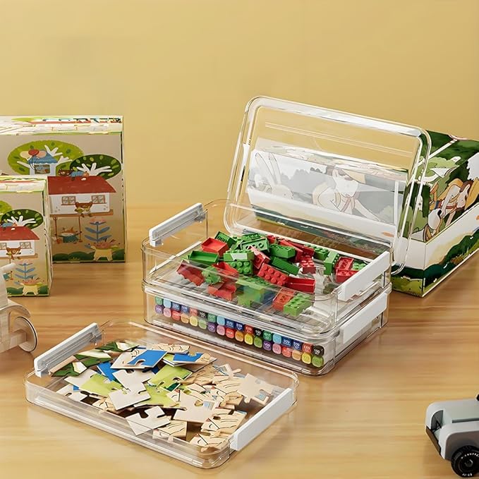 2 Pcs 5.5qt 9 x 13 Plastic Portable Project Case With Snap-Tight Latch, Clear Stackable Storage Boxes Organizer for A4 Files, Photos, Scrapbooks, Art Supplies(‎Blue Latch, Small)