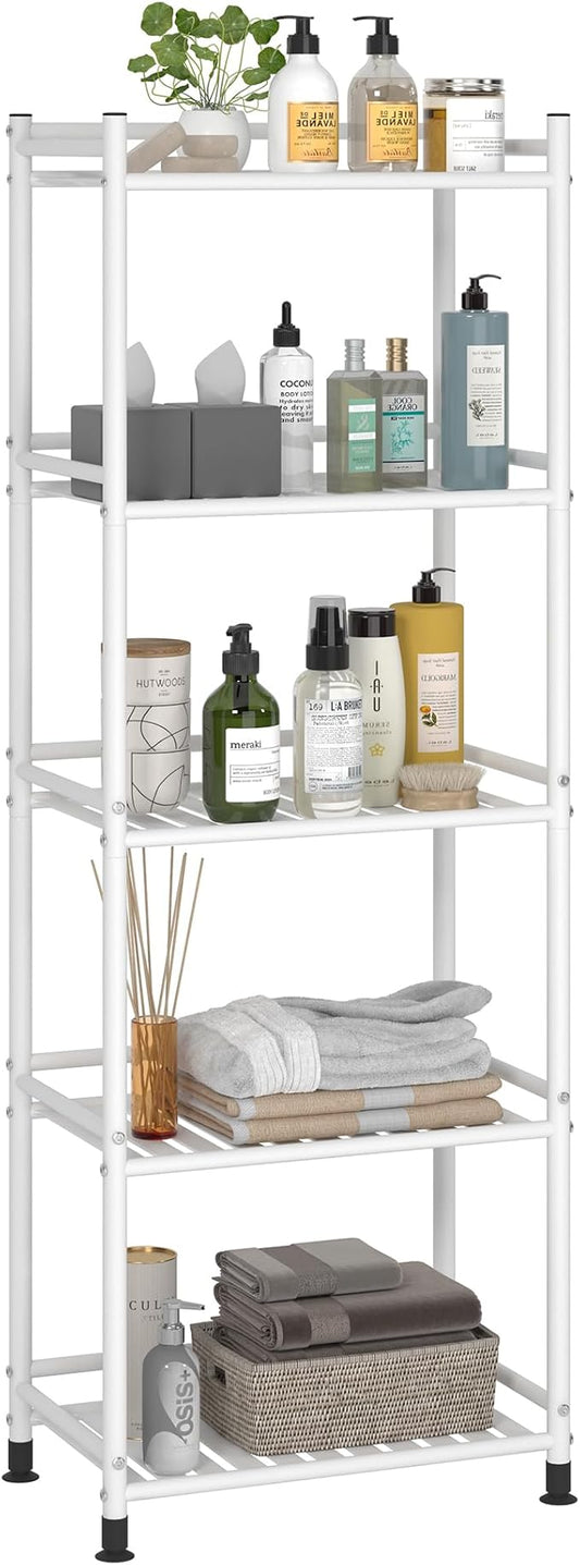 5 Tier Bathroom Storage Open Shelf Unit, Free-Standing Metal Corner Rack Shelving for Kitchen, Living Room, Hallway (White, Wider 5 Tier)-NeatNest