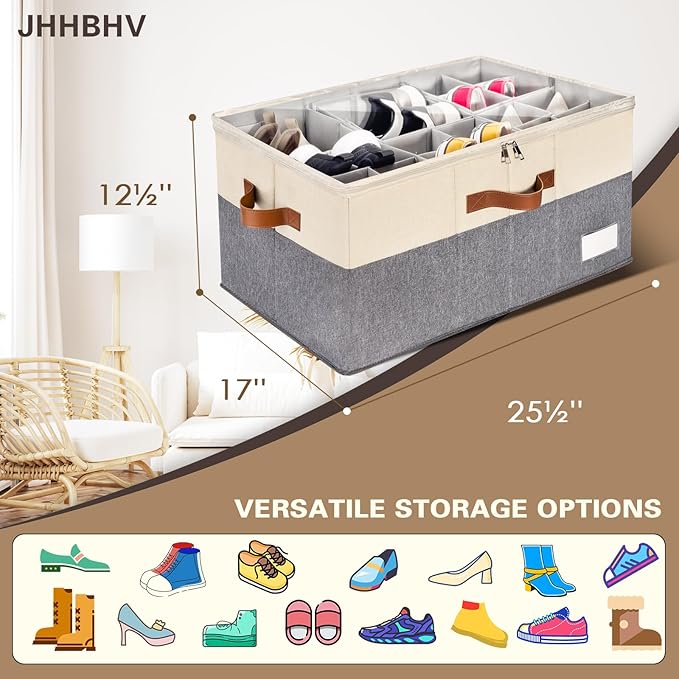 2 Pack Shoe Organizer for Closet, Adjustable Shoe Box Storage Containers, Large Foldable Shoe Bins with Clear Cover, Space Saving Shoes Holder with 4 Handles, Fits 24-48 Pairs, Beige-NeatNest