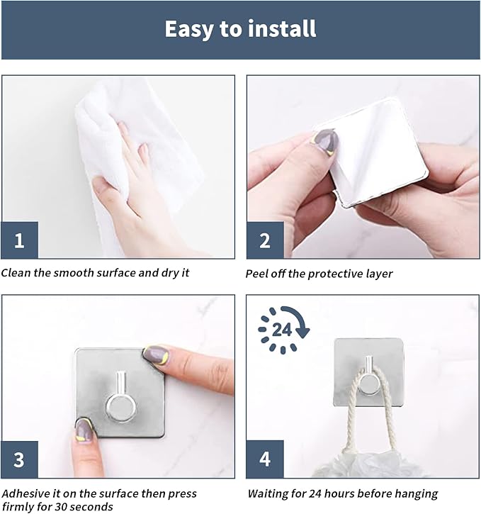 Adhesive Hooks, Waterproof Adhesive Shower Hanger Hooks for Hanging Loofah, Sponge, Robes Stainless Steel Stick on Shower Hooks for Bathrom Brush Nickel Removable Sticky Wall Hooks 4 Pcs