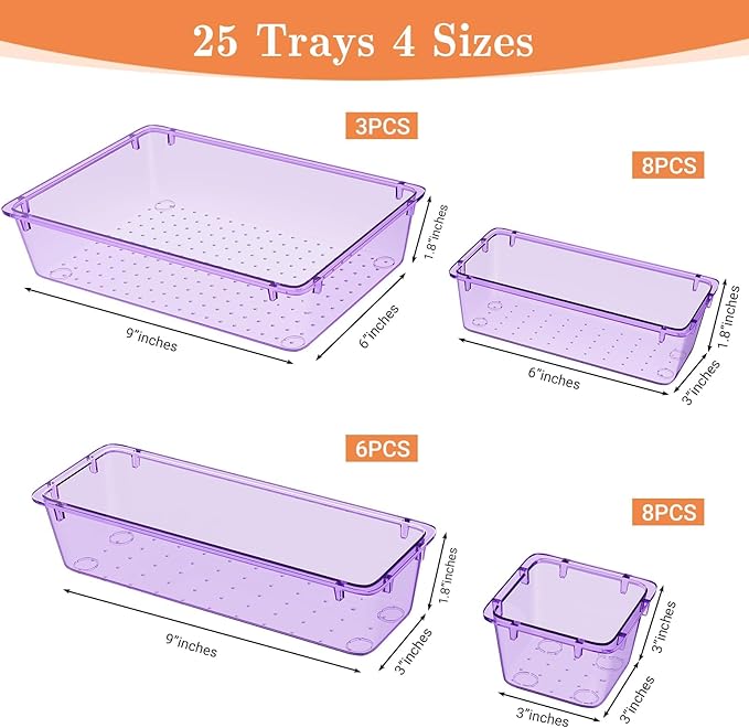 25 PCS Plastic Drawer Organizer Set, 4-Size Versatile Organizer Trays & storage Bins for Makeup, Jewelry, and Gadgets in Bathroom, Bedroom and Office,Clear Purple-NeatNest
