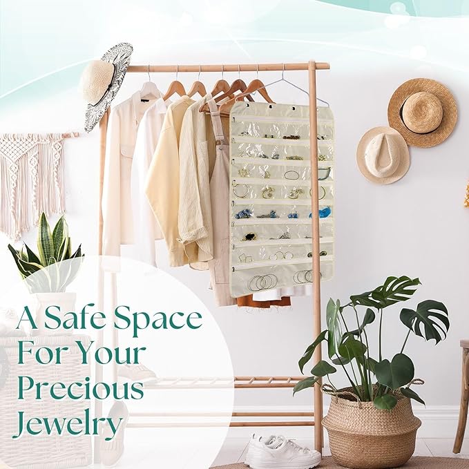 Flexzion Hanging Jewelry Organizer with Zippered Pockets - (1 Pack) Beige Closet Jewelry Organizer Storage with Hanger, 56 Pockets Dual Sided Earring Organizer Hanging for Bracelet, Watches, Ring-NeatNest