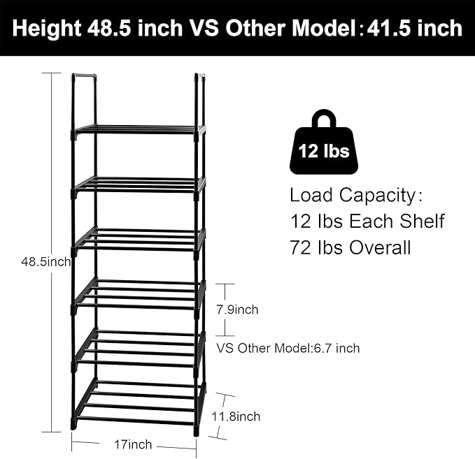 6 Tier Tall Shoe Rack for Closet Entryway, Metal Sturdy Shoe Shelf Storage Organizer, Vertical Small Space Large Capacity for 12-16 Pairs of Shoes-NeatNest
