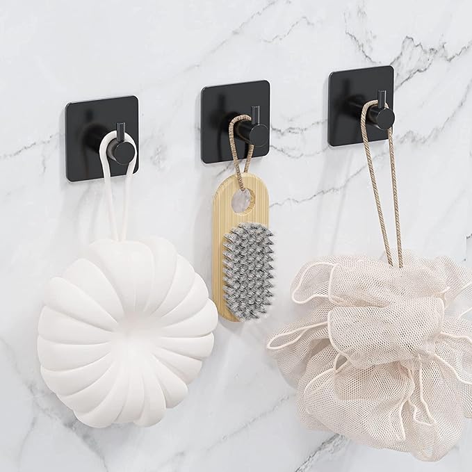 4 Pack Adhesive Hooks, Black Towel Hook for Bathrooms, Heavy Duty Stainless Steel Wall Hook, Waterproof Stick on Hook, Hooks for Hanging Robe, Key, Coat, Clothes