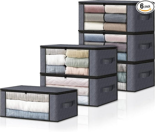 HomeHacks 6-Pack Clothes Organizer Storage Bags Foldable Storage Box with Large Clear Window Sturdy Handles for Closet, Dorm, Pillows, Bedding, Clothes, Stuffed Toys, Blankets, 35L, Grey-NeatNest