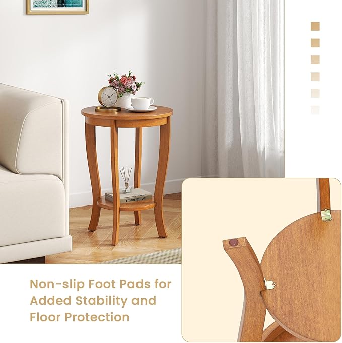 GOFLAME 2-Tier Round End Table Set of 2, 18” Sofa Side Table with Storage Shelf, Floor Tea Tables with Solid Wood Legs, Compact Nightstand for Small Space, Living Room, Bedroom, Light Brown