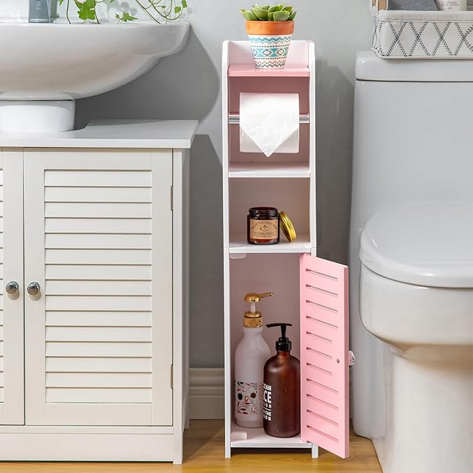 AOJEZOR Toilet Paper Holder Stand: Small Bathroom Storage Cabinet - Rose Dawn - White-NeatNest
